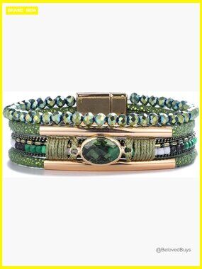 Leather Wrap Bracelet Crystal Beaded Boho Cuff Magnetic Clasp Stone Charm